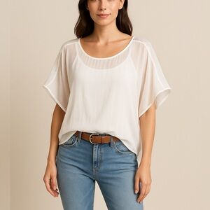 M‎ for Bolide Silk Sheer White Blouse w/ Stretch Tank - Sequined Shoulders. Med.